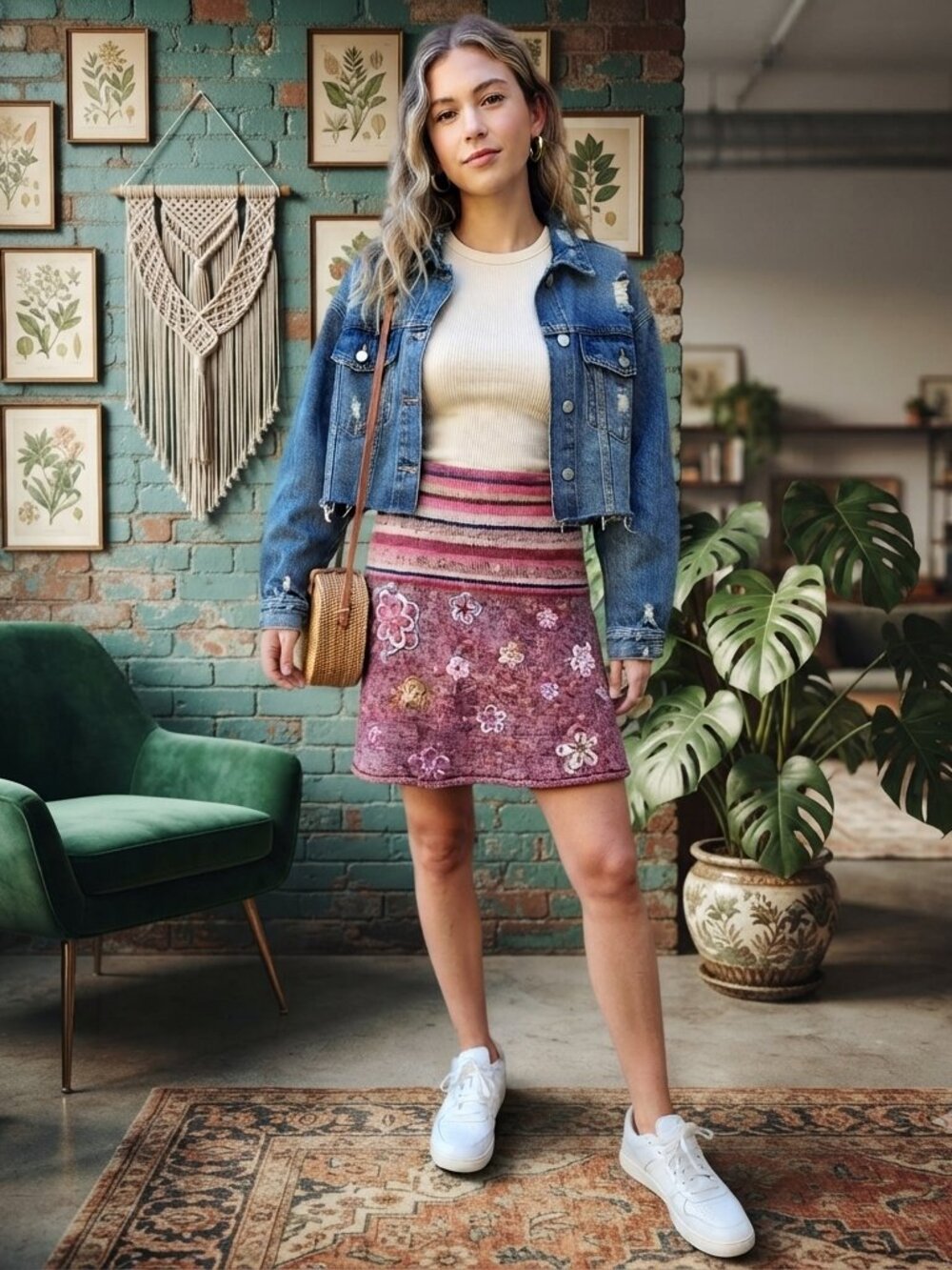 Lele Vintage Floral Embroidered Boho Knit Mini Skirt Lithuania Cotton Blend 0S